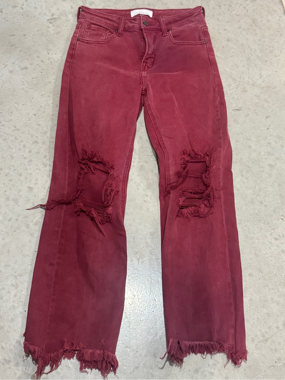 Women’s Wine Red Distressed Flare Jeans